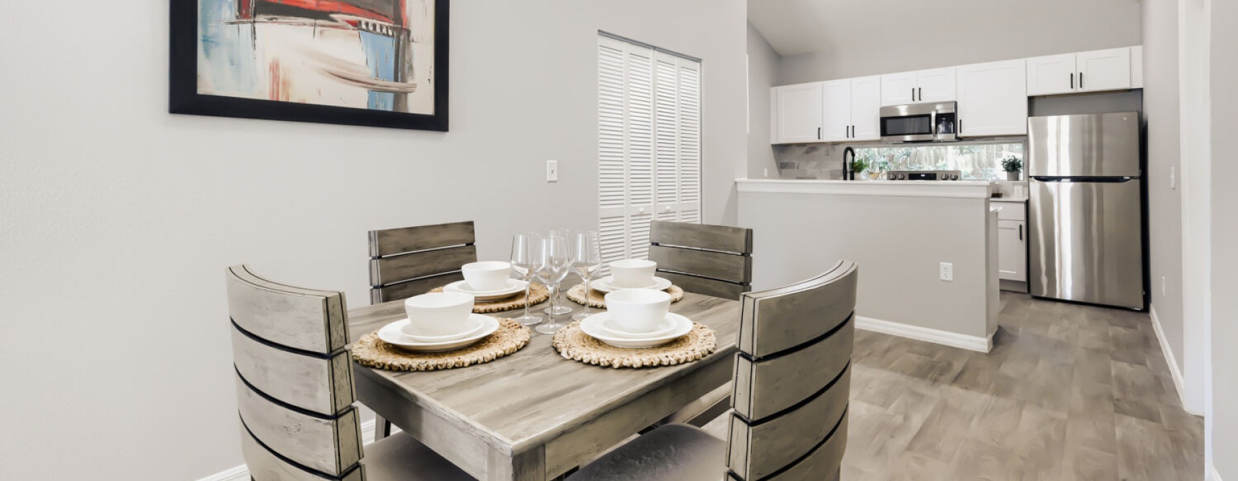 a kitchen and a dining area