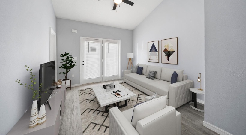 a living room with a couch and a coffee table